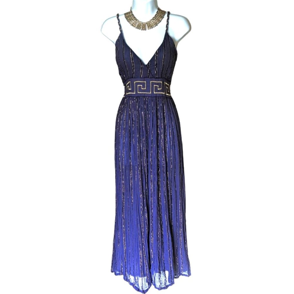 Grigoropoyloy Athenasia One Size Royal Blue and Gold Striped Greek Maxi Dress
